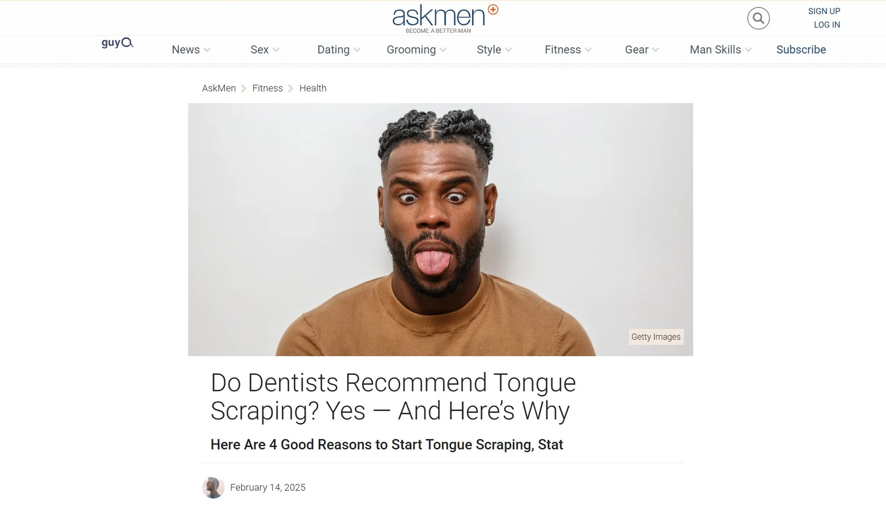 Screenshot of AskMen article Do Dentists Recommend Tongue Scraping Yes And Here’s Why featuring Dr. Yenile Pinto