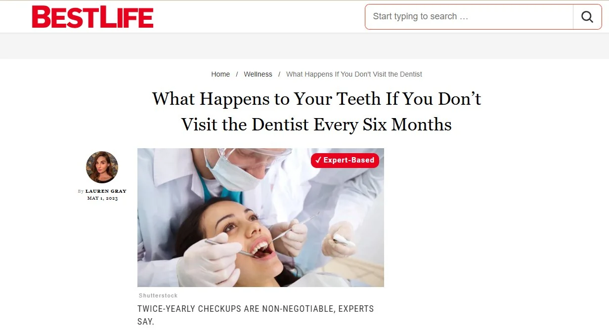 Screenshot of Best Life article What Happens to Your Teeth If You Don’t Visit the Dentist Every Six Months featuring Dr. Yenile Pinto