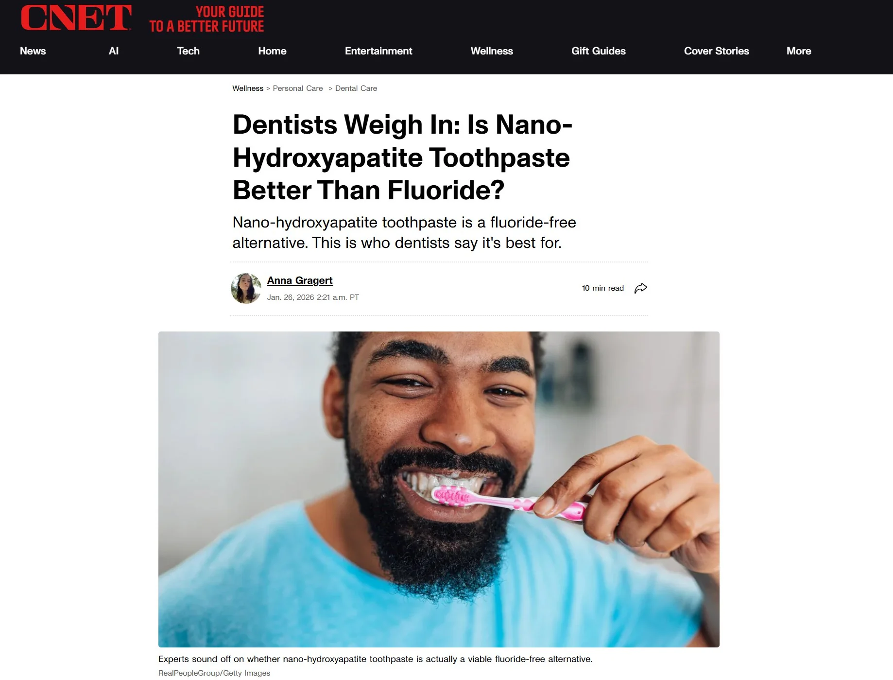 Screenshot of CNET article Dentists Weigh In Is Nano-Hydroxyapatite Toothpaste Better Than Fluoride featuring Dr. Yenile Pinto