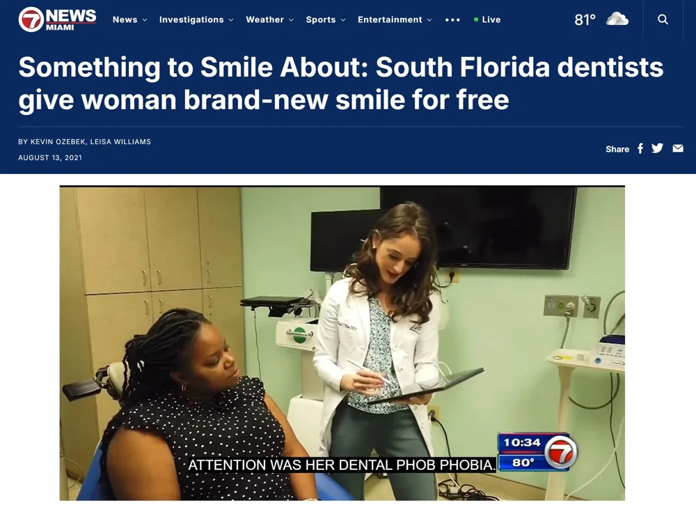 Dr. Pinto Featured on WSVN 7News Miami Deering Dental in Palmetto Bay, near Pinecrest Screenshot of WSVN 7News Miami segment Something to Smile About South Florida Dentists Give Woman Brand-New Smile for Free featuring Dr. Yenile Pinto