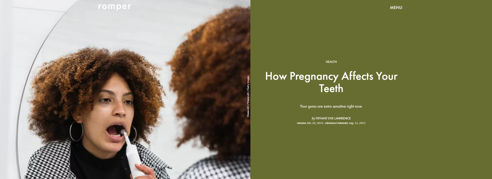 Dr. Pinto Featured as an Expert in Romper Deering Dental in Palmetto Bay, near Pinecrest Screenshot of Romper article How Pregnancy Affects Your Teeth featuring Dr. Yenile Pinto