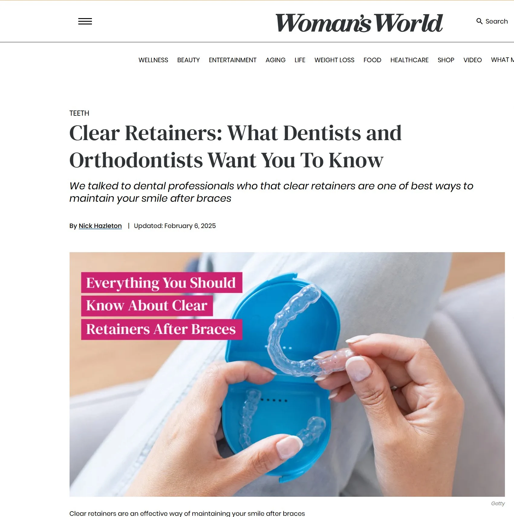 Screenshot of Woman’s World article Clear Retainers What Dentists and Orthodontists Want You To Know featuring Dr. Yenile Pinto