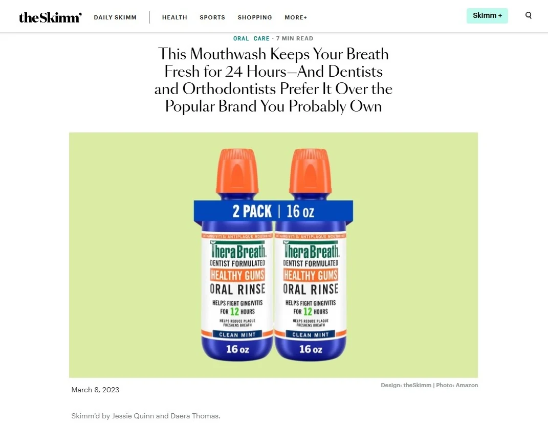 Screenshot of theSkimm article This Mouthwash Keeps Your Breath Fresh for 24 Hours And Dentists and Orthodontists Prefer It Over the Popular Brand You Probably Own featuring Dr. Yenile Pinto
