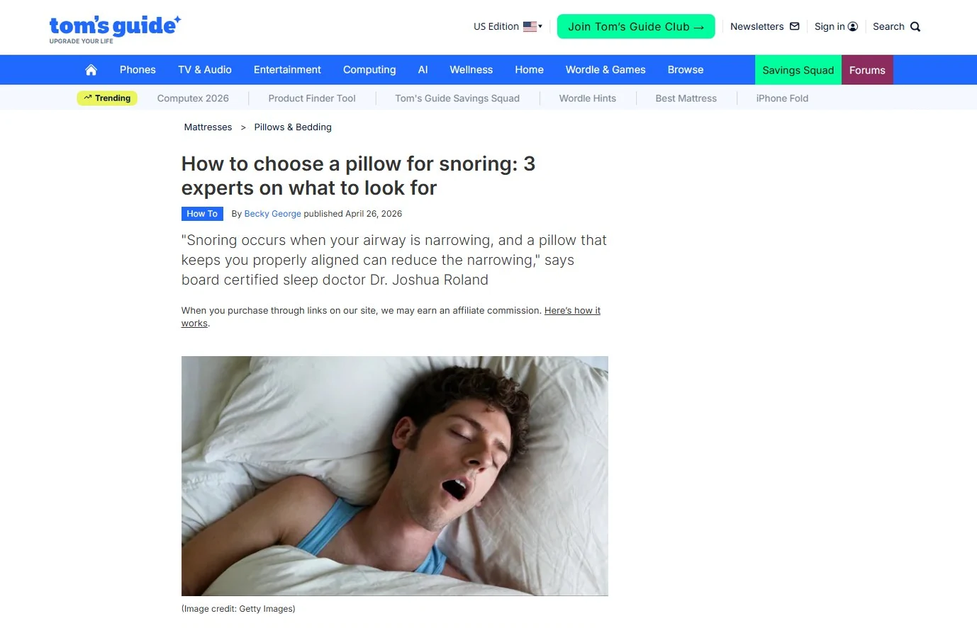 Screenshot of Tom’s Guide article How to choose a pillow for snoring 3 experts on what to look for featuring Dr. Yenile Pinto