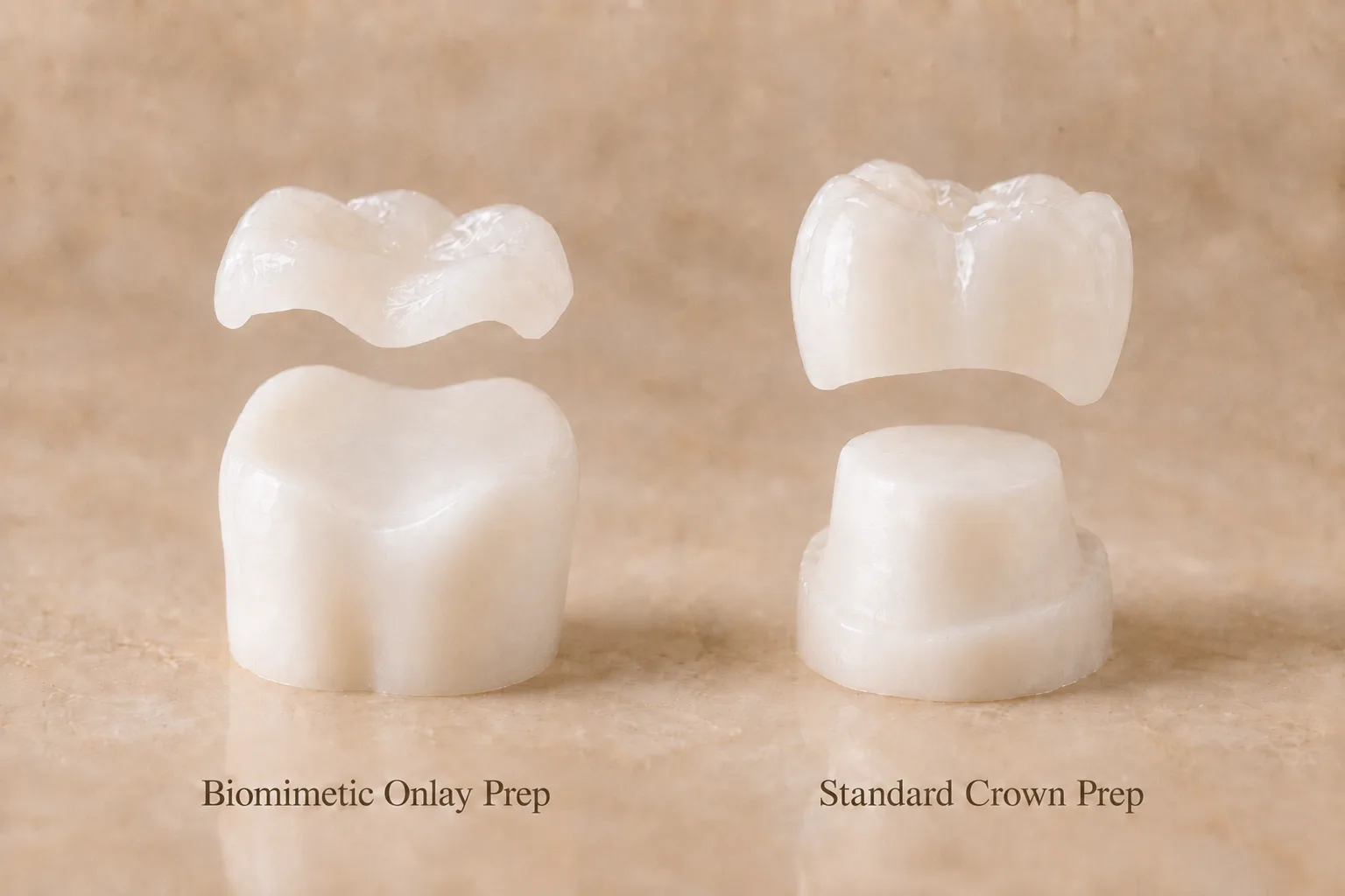 Illustration comparing a biomimetic onlay preparation, which preserves most of the natural tooth, with a standard crown preparation that reduces the entire tooth to a nub to seat a full cap.