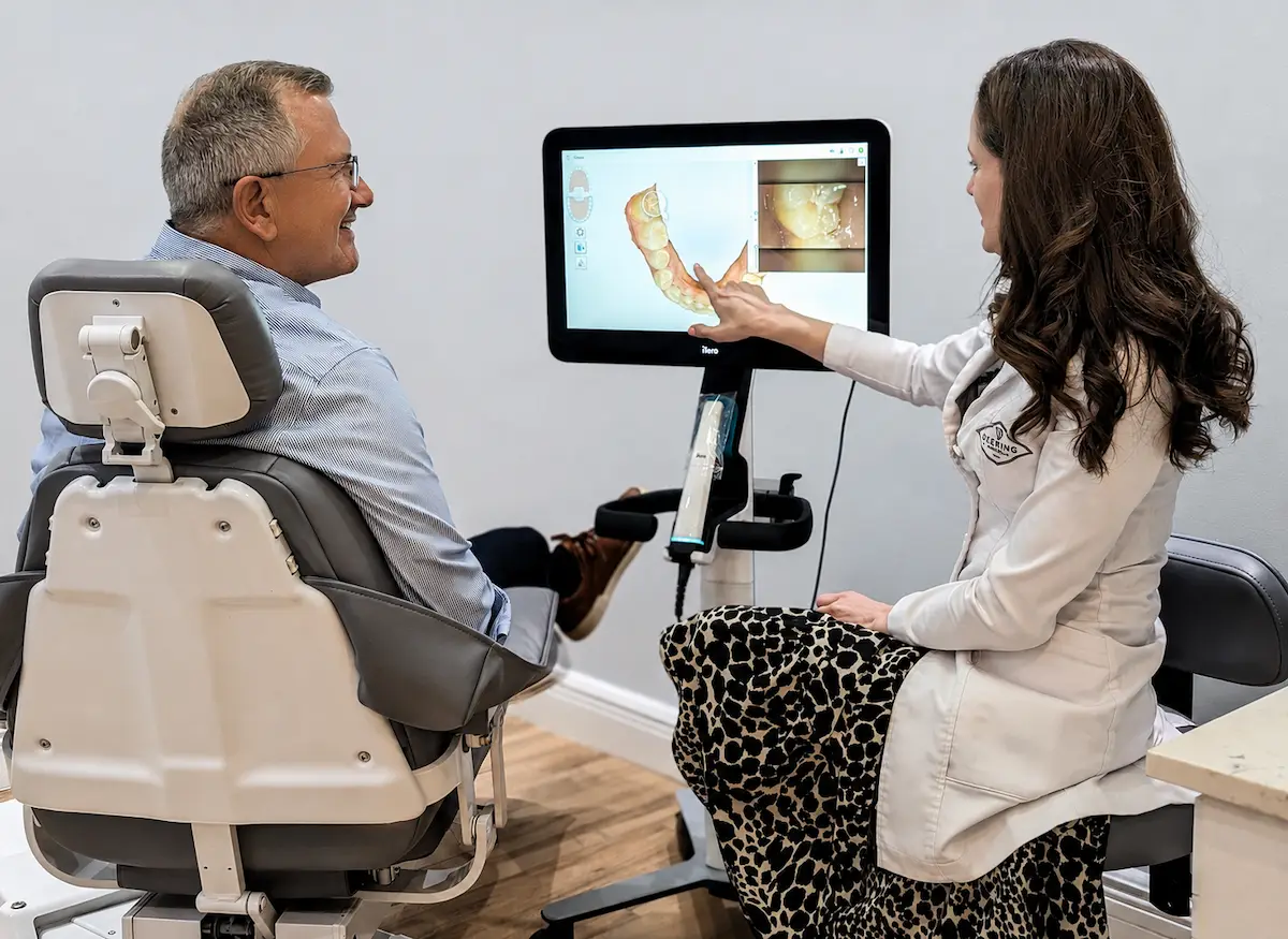 A patient reviewing a 3D scan of his bite with Dr. Yenile Pinto during a functional dental exam at Deering Dental in Palmetto Bay
