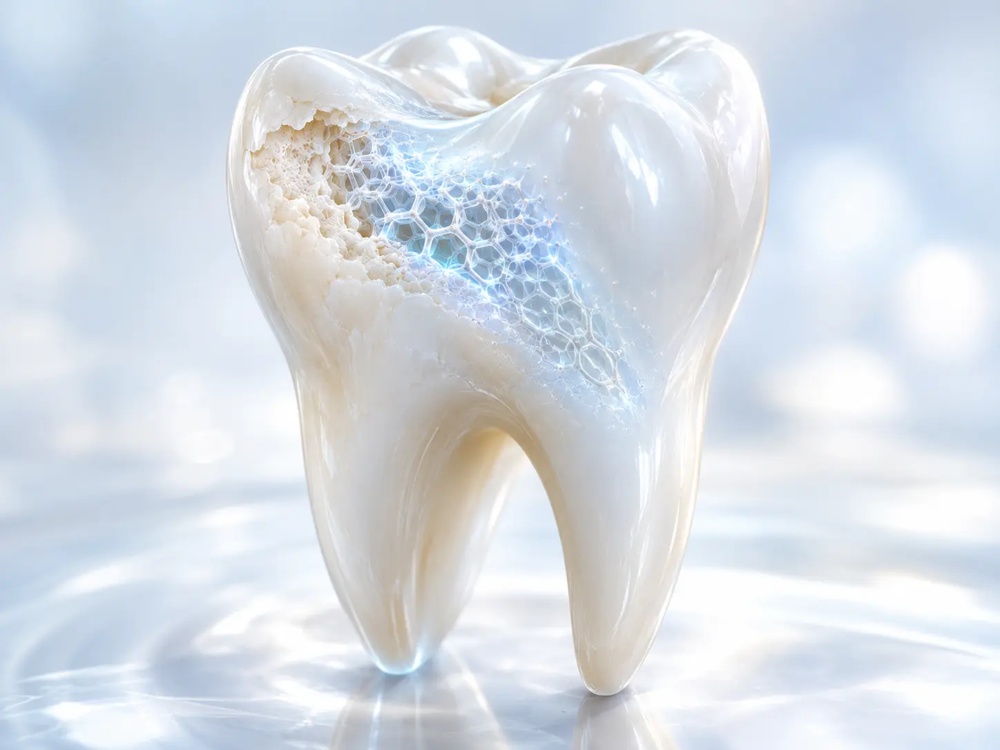 Illustration of a molar with early enamel decay being rebuilt by a fine mineral scaffold